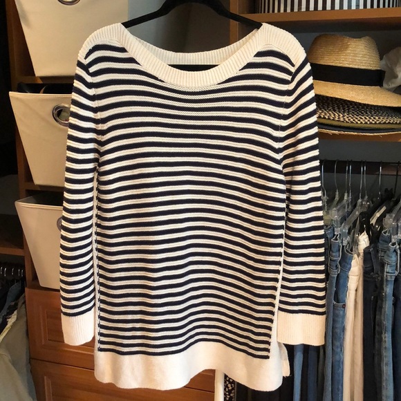 LOFT Sweaters - LOFT Boatneck Navy Striped Sweater